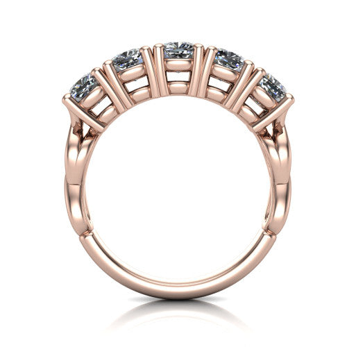 Aitana cushion three stone engagement ring in 14K Rose Gold, through-finger front profile showing the bar-set three-stone head raised above the smooth band