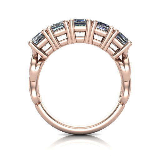 Aitana square emerald three stone engagement ring in 14K Rose Gold, through-finger front profile showing the bar-set three-stone head raised above the smooth band