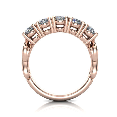 Aitana oval three stone engagement ring in 18K Rose Gold, through-finger front profile showing the bar-set three-stone head raised above the smooth band