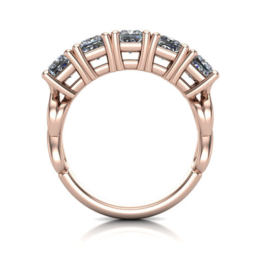 Aitana princess three stone engagement ring in 14K Rose Gold, through-finger front profile showing the bar-set three-stone head raised above the smooth band