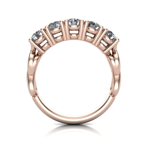 Aitana round three stone engagement ring in 14K Rose Gold, through-finger front profile showing the bar-set three-stone head raised above the smooth band