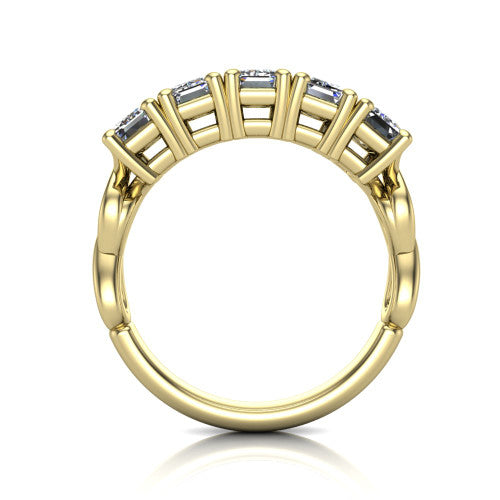 Aitana emerald three stone engagement ring in 14K Yellow Gold, through-finger front profile showing the bar-set three-stone head raised above the smooth band