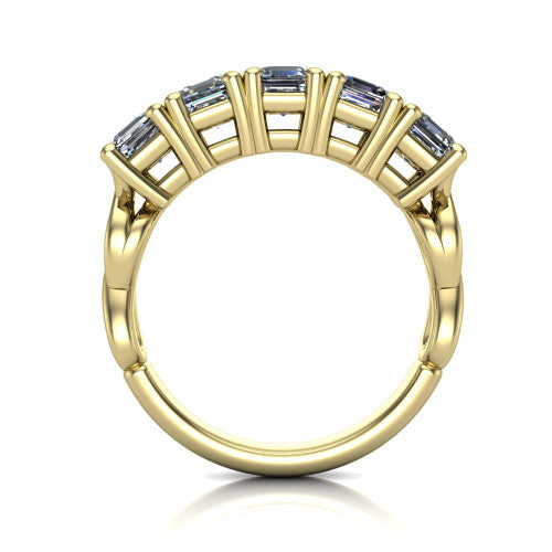 Aitana square emerald three stone engagement ring in 14K Yellow Gold, through-finger front profile showing the bar-set three-stone head raised above the smooth band