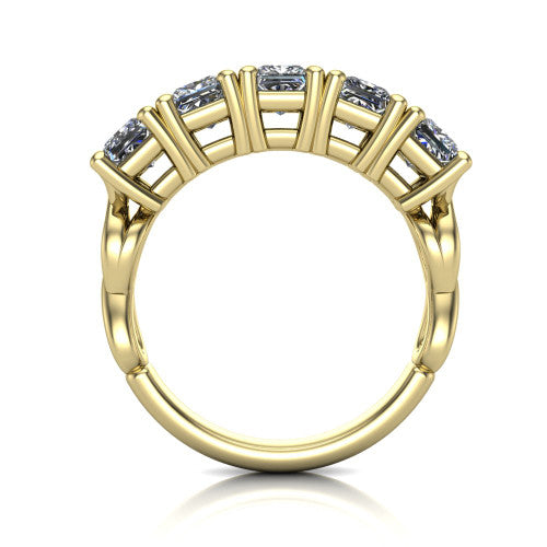 Aitana princess three stone engagement ring in 14K Yellow Gold, through-finger front profile showing the bar-set three-stone head raised above the smooth band