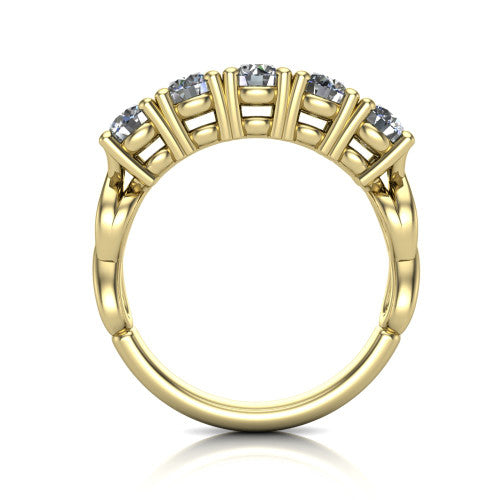 Aitana round three stone engagement ring in 18K Yellow Gold, through-finger front profile showing the bar-set three-stone head raised above the smooth band