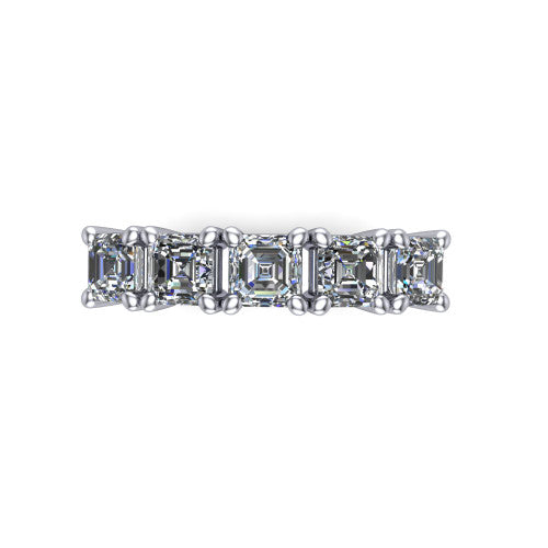 Aitana square emerald three stone engagement ring in Platinum, top-down view showing the three round diamonds held in vertical bar settings from above