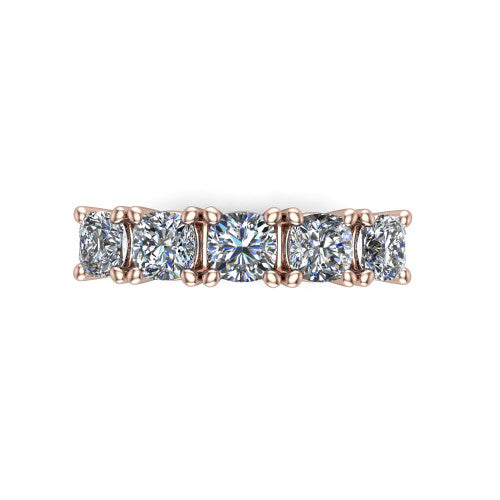 Aitana cushion three stone engagement ring in 14K Rose Gold, top-down view showing the three round diamonds held in vertical bar settings from above