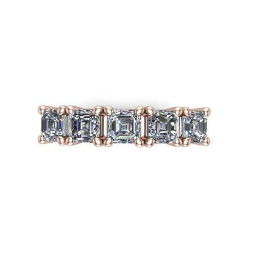 Aitana square emerald three stone engagement ring in 14K Rose Gold, top-down view showing the three round diamonds held in vertical bar settings from above