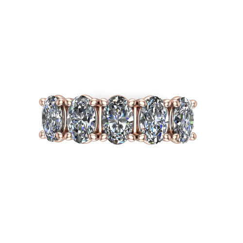 Aitana oval three stone engagement ring in 14K Rose Gold, top-down view showing the three round diamonds held in vertical bar settings from above