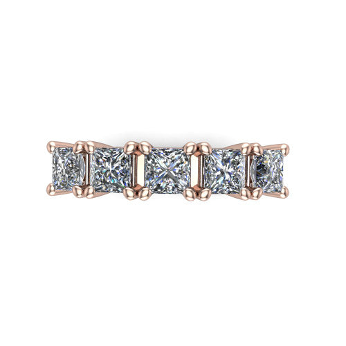 Aitana princess three stone engagement ring in 14K Rose Gold, top-down view showing the three round diamonds held in vertical bar settings from above