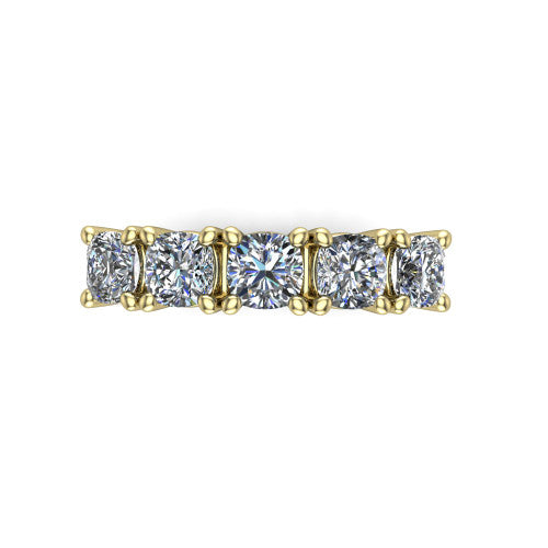 Aitana cushion three stone engagement ring in 18K Yellow Gold, top-down view showing the three round diamonds held in vertical bar settings from above
