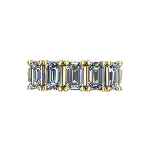 Aitana emerald three stone engagement ring in 14K Yellow Gold, top-down view showing the three round diamonds held in vertical bar settings from above