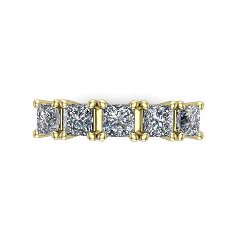 Aitana princess three stone engagement ring in 14K Yellow Gold, top-down view showing the three round diamonds held in vertical bar settings from above