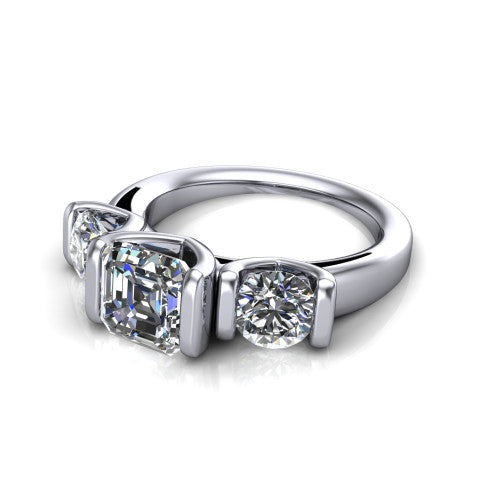 Elianna square emerald three stone engagement ring in 14K White Gold, three-quarter perspective showing the round center between two round side stones in bar settings on a plain polished band