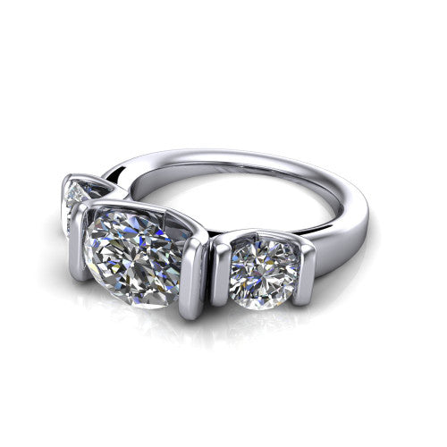 Elianna oval three stone engagement ring in 18K White Gold, three-quarter perspective showing the round center between two round side stones in bar settings on a plain polished band