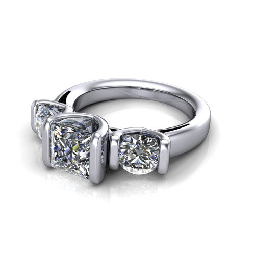 Elianna princess three stone engagement ring in Platinum, three-quarter perspective showing the round center between two round side stones in bar settings on a plain polished band