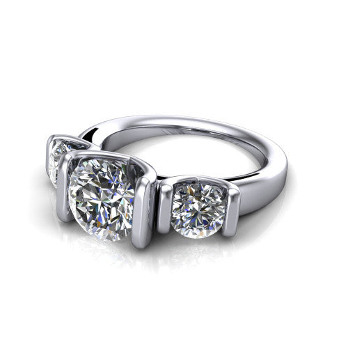 Elianna round three stone engagement ring in Platinum, three-quarter perspective showing the round center between two round side stones in bar settings on a plain polished band
