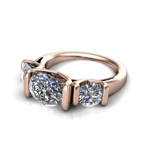 Elianna oval three stone engagement ring in 18K Rose Gold, three-quarter perspective showing the round center between two round side stones in bar settings on a plain polished band