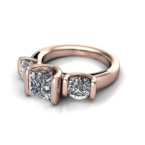 Elianna princess three stone engagement ring in 14K Rose Gold, three-quarter perspective showing the round center between two round side stones in bar settings on a plain polished band