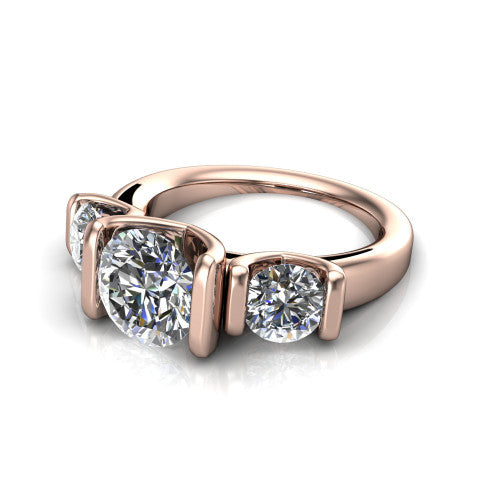 Elianna round three stone engagement ring in 14K Rose Gold, three-quarter perspective showing the round center between two round side stones in bar settings on a plain polished band