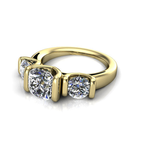 Elianna cushion three stone engagement ring in 14K Yellow Gold, three-quarter perspective showing the round center between two round side stones in bar settings on a plain polished band