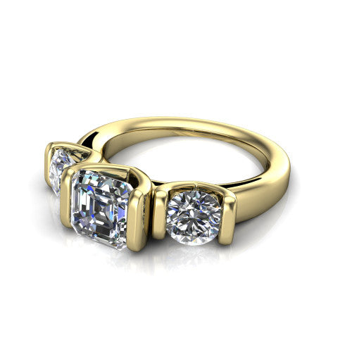 Elianna square emerald three stone engagement ring in 14K Yellow Gold, three-quarter perspective showing the round center between two round side stones in bar settings on a plain polished band