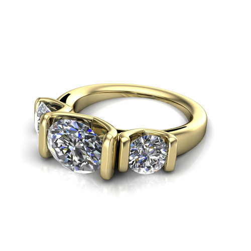 Elianna oval three stone engagement ring in 14K Yellow Gold, three-quarter perspective showing the round center between two round side stones in bar settings on a plain polished band