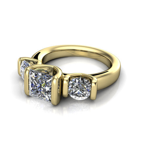 Elianna princess three stone engagement ring in 14K Yellow Gold, three-quarter perspective showing the round center between two round side stones in bar settings on a plain polished band