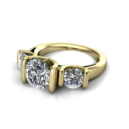 Elianna round three stone engagement ring in 14K Yellow Gold, three-quarter perspective showing the round center between two round side stones in bar settings on a plain polished band