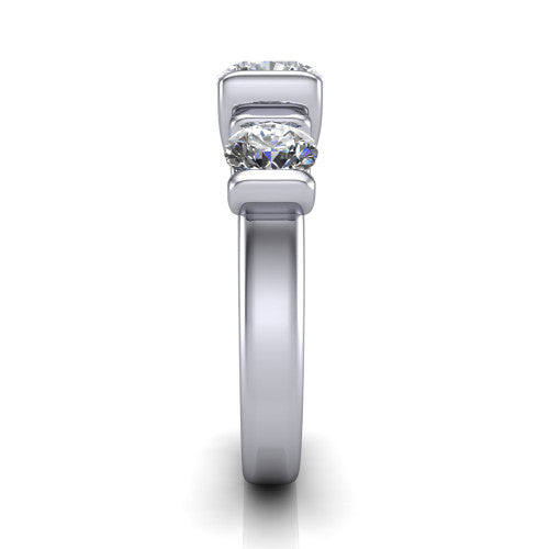 Elianna cushion three stone engagement ring in 18K White Gold, side profile showing the plain polished band and the bar-set side stones in profile