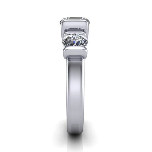 Elianna square emerald three stone engagement ring in 14K White Gold, side profile showing the plain polished band and the bar-set side stones in profile