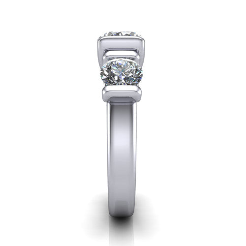 Elianna oval three stone engagement ring in 14K White Gold, side profile showing the plain polished band and the bar-set side stones in profile