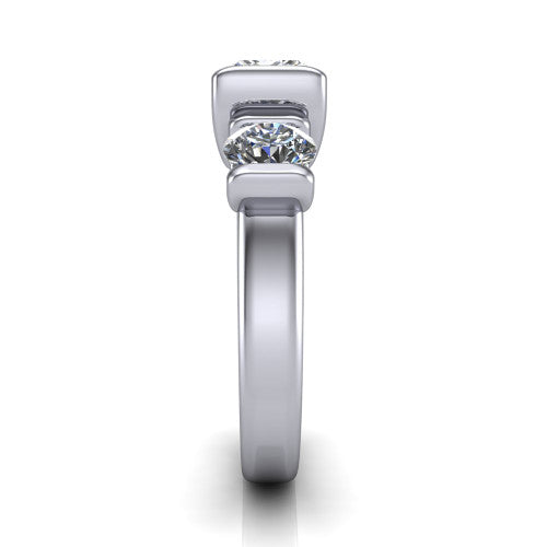 Elianna princess three stone engagement ring in Platinum, side profile showing the plain polished band and the bar-set side stones in profile