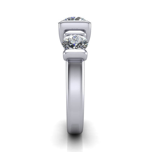 Elianna round three stone engagement ring in 14K White Gold, side profile showing the plain polished band and the bar-set side stones in profile