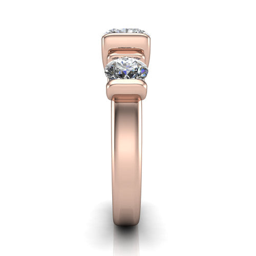 Elianna cushion three stone engagement ring in 14K Rose Gold, side profile showing the plain polished band and the bar-set side stones in profile