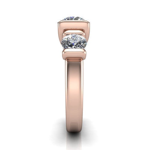 Elianna round three stone engagement ring in 18K Rose Gold, side profile showing the plain polished band and the bar-set side stones in profile