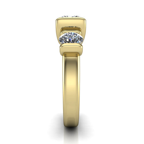 Elianna princess three stone engagement ring in 18K Yellow Gold, side profile showing the plain polished band and the bar-set side stones in profile