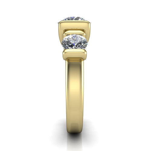 Elianna round three stone engagement ring in 18K Yellow Gold, side profile showing the plain polished band and the bar-set side stones in profile