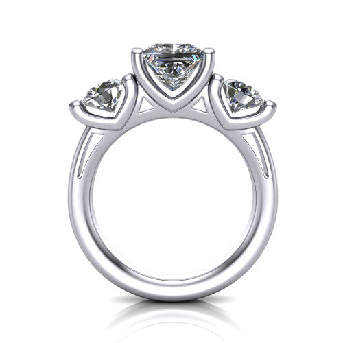 Elianna princess three stone engagement ring in 18K White Gold, through-finger front profile showing the bar-set three-stone head raised above the smooth band