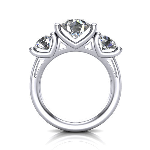 Elianna round three stone engagement ring in 14K White Gold, through-finger front profile showing the bar-set three-stone head raised above the smooth band