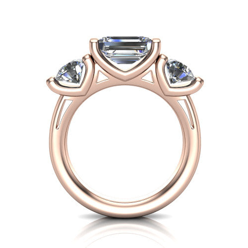Elianna emerald three stone engagement ring in 14K Rose Gold, through-finger front profile showing the bar-set three-stone head raised above the smooth band