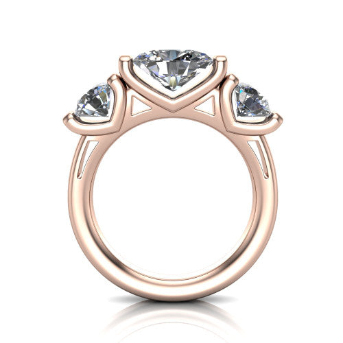 Elianna oval three stone engagement ring in 14K Rose Gold, through-finger front profile showing the bar-set three-stone head raised above the smooth band
