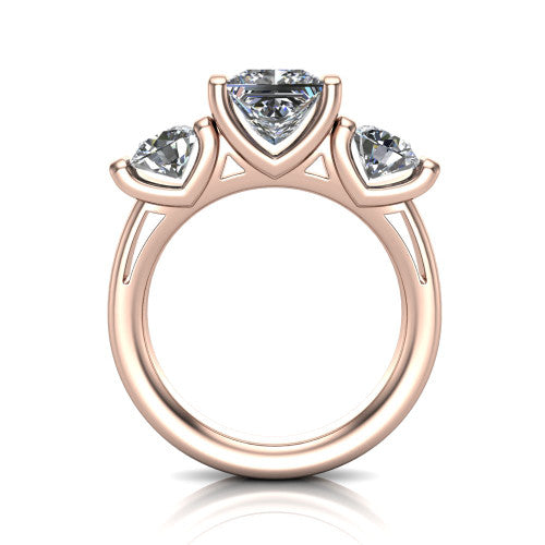 Elianna princess three stone engagement ring in 18K Rose Gold, through-finger front profile showing the bar-set three-stone head raised above the smooth band
