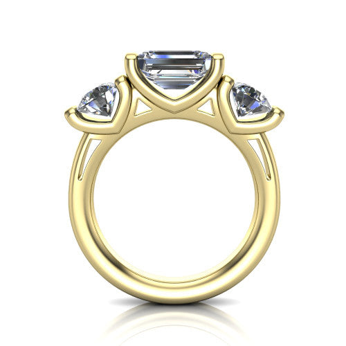 Elianna emerald three stone engagement ring in 14K Yellow Gold, through-finger front profile showing the bar-set three-stone head raised above the smooth band