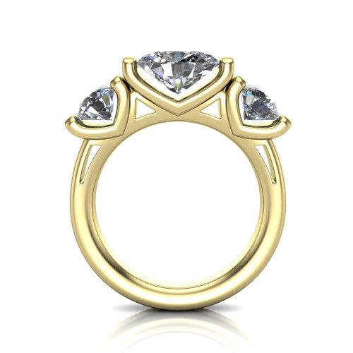 Elianna oval three stone engagement ring in 14K Yellow Gold, through-finger front profile showing the bar-set three-stone head raised above the smooth band