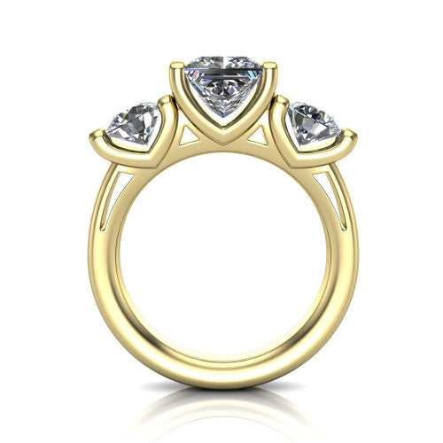 Elianna princess three stone engagement ring in 18K Yellow Gold, through-finger front profile showing the bar-set three-stone head raised above the smooth band