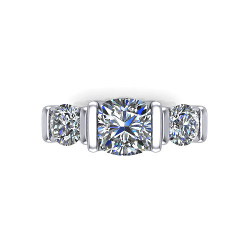 Elianna cushion three stone engagement ring in 14K White Gold, top-down view showing the three round diamonds held in vertical bar settings from above