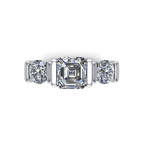 Elianna square emerald three stone engagement ring in 14K White Gold, top-down view showing the three round diamonds held in vertical bar settings from above
