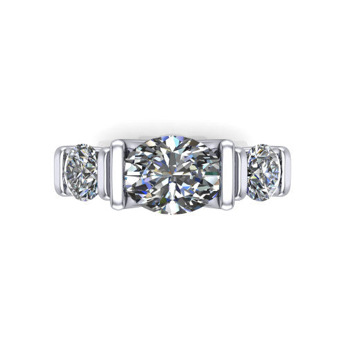 Elianna oval three stone engagement ring in 14K White Gold, top-down view showing the three round diamonds held in vertical bar settings from above