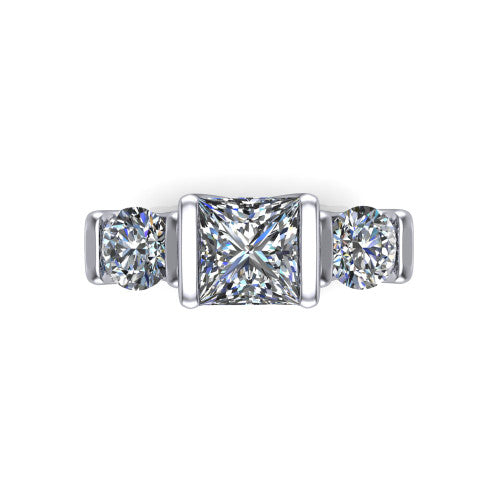 Elianna princess three stone engagement ring in Platinum, top-down view showing the three round diamonds held in vertical bar settings from above
